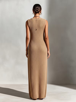Damen Ärmelloses V-Ausschnitt Geripptes Strick-Maxikleid Halb-Knopfleiste Figurbetont Gestricktes Sexy Club-Kleid mit Aussparungen Langes Lässiges Strickwestenkleid