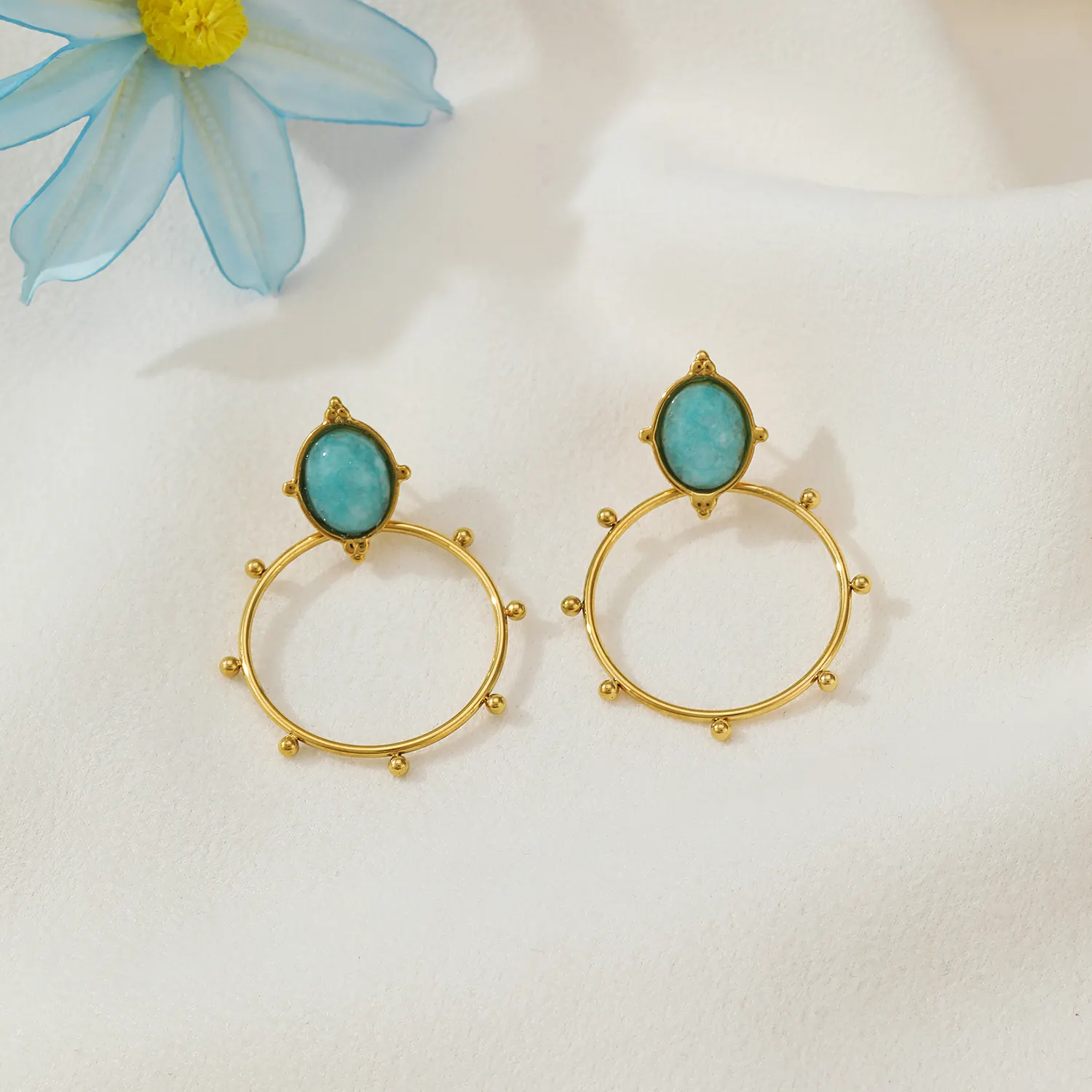 Customized New Product Gold Plated Women And Man Stainless Steel Sun Blue Turquoise Earrings 2022 Best Selling
