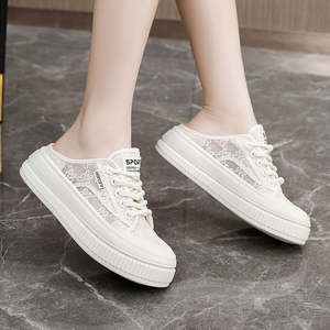 Women's Sporty Evergreen Spring/Summer/Autumn Fashion Trend <b>Half</b> <b>Slip</b>-On Shoes Mesh Breathable PU Upper Toe Lace-Up Anti-<b>Slip</b> - Product Image 5