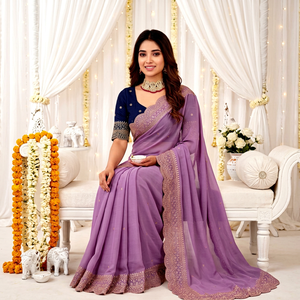 AARA Fashion <b>Purple</b> Traditional <b>Saree</b> Navy Blue Blouse for Women Wedding Wear Sun Protection Polyester Material Floor Length - Product Image 1