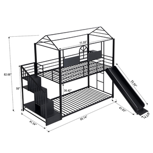 Camas Literas Metálicas Bajas, Dos Camas Individuales Superpuestas con Tobogán y Escalera de Almacenamiento, Diseño Moderno para Apartamentos, Hoteles y Dormitorios - Product Image 1