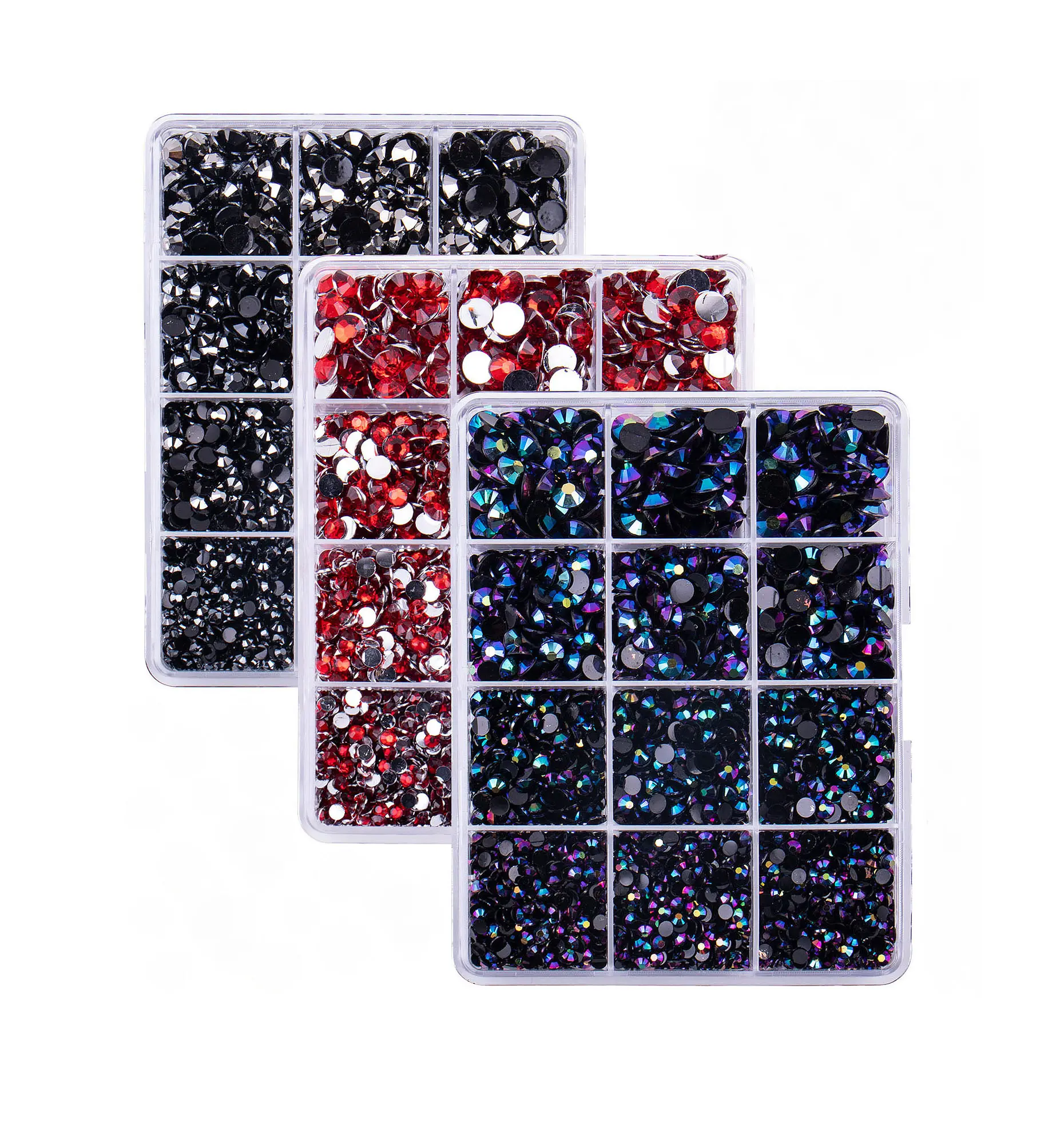 12 Grid Box esplosivo per unghie con diamante misto con fondo in resina con fondo piatto e diamante incollato a mano strass per unghie