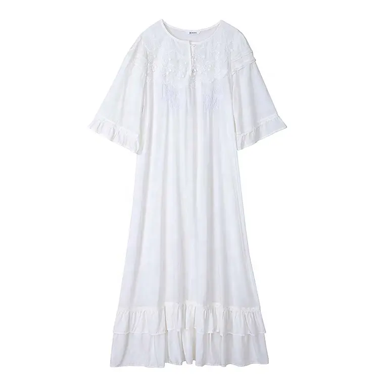 Cotton Embroidered Plus Size Long Sexy Nighties Women Homewear Dress White Lace Nightgown