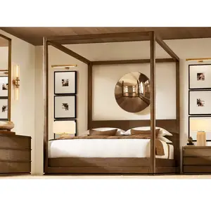 高級ベッドチーク木製ベッドクイーンキングサイズベッドフレームモダンヴィラホームホテル寝室家具セット