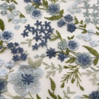 Tissu en maille léger brodé de petites fleurs bleues vintage en polyester et dentelle pour chemisier femme, robe de soirée, décoration intérieure