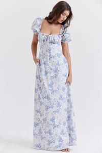 Abito lungo estivo casual da donna OEM elegante blu <span class=keywords><strong>con</strong></span> stampa floreale, linea ad A, maniche a palloncino corte - Product Image 3