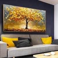 Impression abstraite d'arbre doré, peinture à l'huile sur toile, art mural moderne arbre de vie jaune, affiche arbre porte-bonheur, décoration intérieure sans cadre