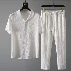 Men Summer 2-Piece Breathable Suits Short Sleeve Tops + Long Pants Solid Color Polo Lapel Collar Button <b>Elastic</b> Waist Trousers - Product Image 1