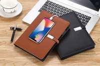 Carnet de notes exécutif en cuir PU avec logo personnalisé, format A5, batterie externe intégrée et câble de charge sans fil