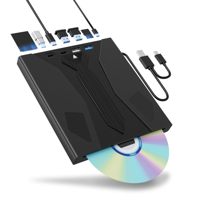 8-in-1 External Slot-loading Blu-ray Burner USB 3.0 Type-C with USB Hub Slim Portable 50GB BD Reader for Laptop Desktop Windows