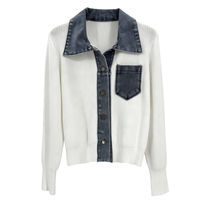 Cardigan Rétro Tricoté Ample à Manches Longues et Col Rabattu, Boutonné, en Jean Patchwork Vintage Personnalisé pour Femme – Vente en Gros