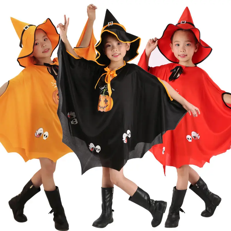 बच्चे चुड़ैल वेशभूषा किट चुड़ैल केप और टोपी के साथ हेलोवीन कद्दू हेलोवीन पोशाक कपड़े लड़का लड़की भूमिका खेलने के लिए सहारा