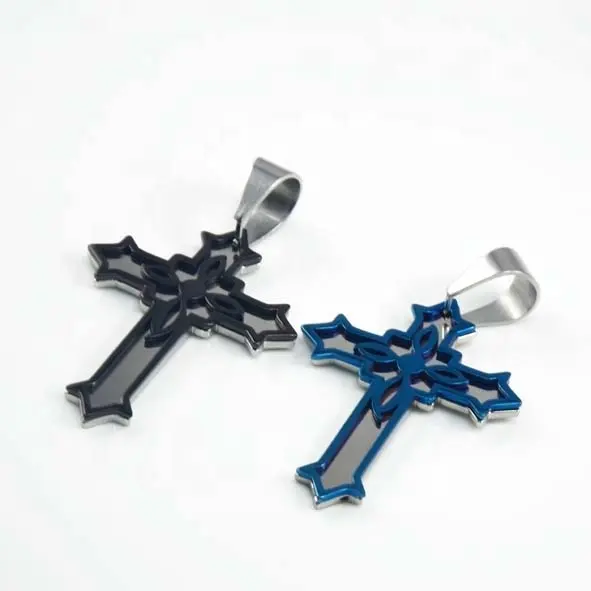 Gut aussehende blau und schwarz farbe edelstahl gothic kreuz blume anhänger für männer und frauen DSP 063