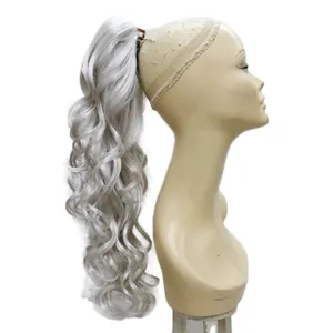 Novelties 20 Inch Long Gray Highlight White Attachment Curly Wave Drawstring Pony Tail Synthetic Hair Parts Claw Clips Ponytail