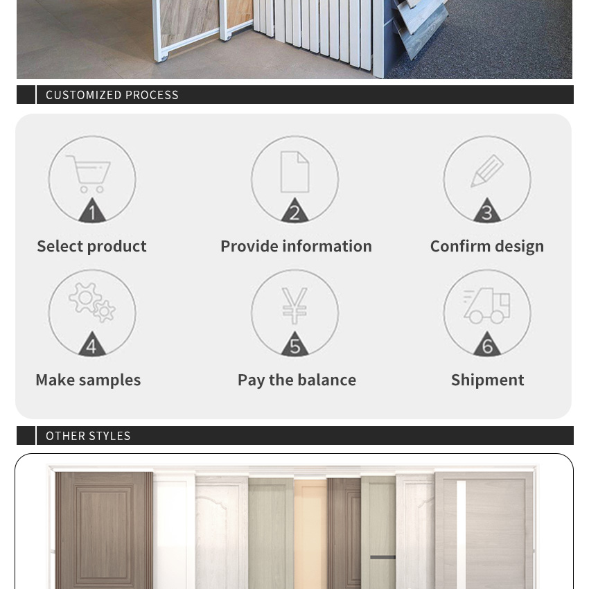 Hot selling horizontal sliding display frame frameless solid wood composite door sample for showroom wooden door display stands
