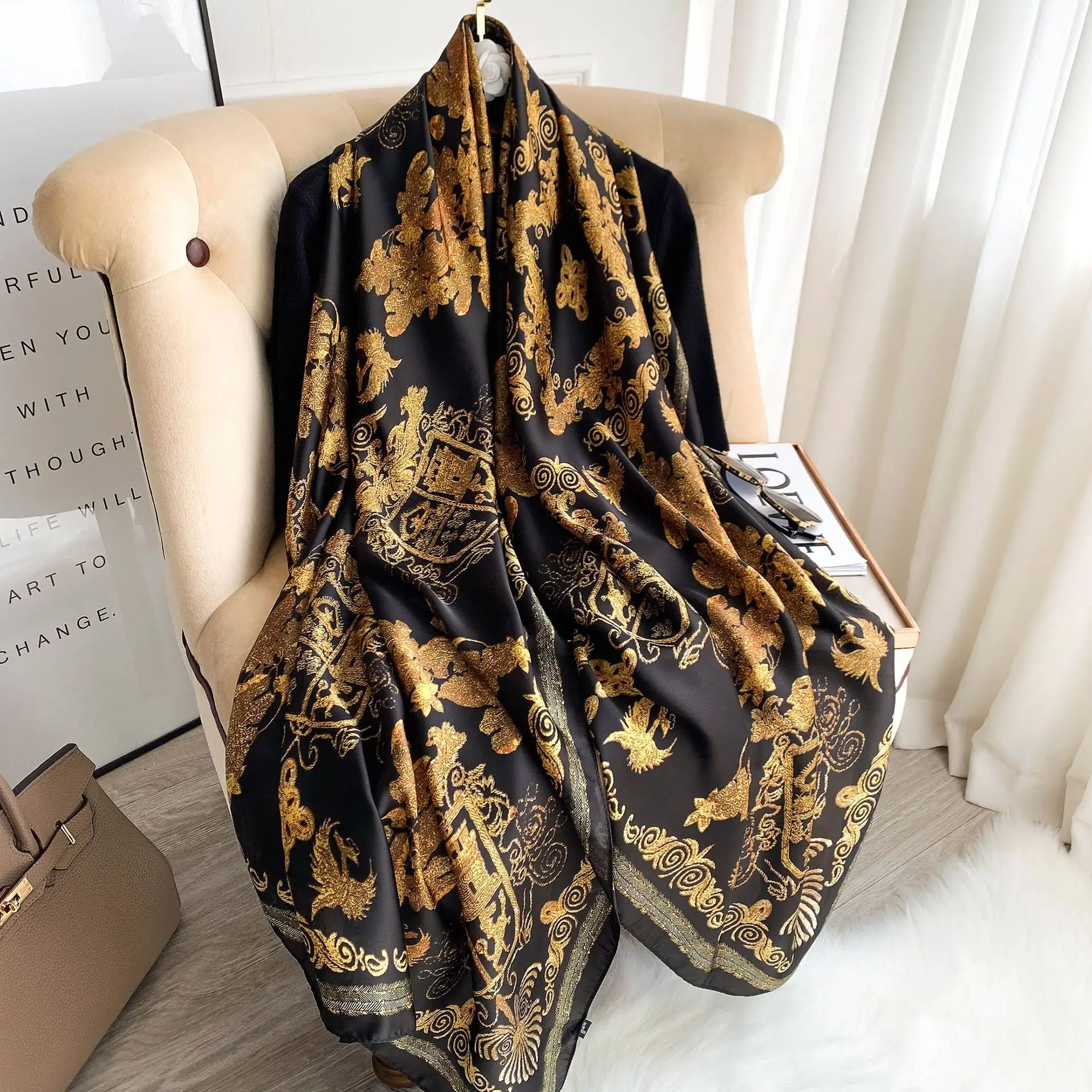 Ready to ship new designs ladies large sunscreen shawls wraps luxury brand floral printed black women's big size silk scarf