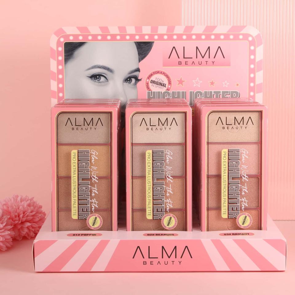 Alma Beauty Pro Extra Lustrous Highlighter Palette Natural Intense Radiance Ultrafine Textures Pressed Powder 3 Colors Long