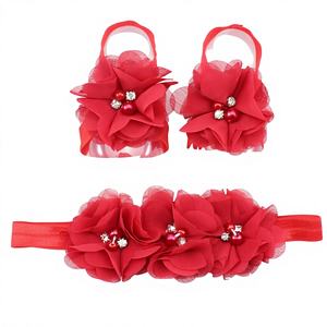 Vente en gros <span class=keywords><strong>Bandeau</strong></span> pour bébé Accessoires pour <span class=keywords><strong>cheveux</strong></span> 3 pcs/set <span class=keywords><strong>Bandeau</strong></span> à fleurs en mousseline Ensemble Sandales pieds nus - Product Image 2