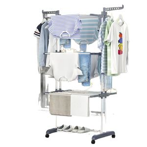 Séchoir à linge familial pliable en métal, mobile, peu encombrant, avec roulettes, pour le rangement et l'affichage des vêtements - Product Image 2