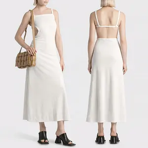 Custom Logo High Quality Elegant Sleeveless Lady Solid White O Neck Long Slim Midi Women's Dresses
