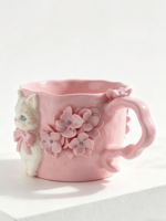 Mug Keramik 3D Kucing & Bunga Warna Pink, Cangkir Kopi Porselen Buatan Tangan dengan Gagang Bermotif Bunga untuk Pecinta Kucing