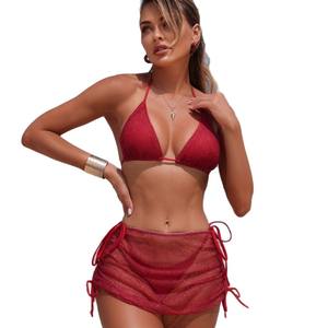 2026 nueva moda mujer Sexy con cordones 3 uds <span class=keywords><strong>Bikini</strong></span> conjunto Halter Color sólido brasileño Tanga traje <span class=keywords><strong>de</strong></span> baño tela especial ropa <span class=keywords><strong>de</strong></span> playa - Product Image 5