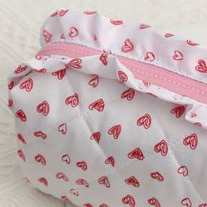 Sac de rangement cosmétique matelassé tendance pour filles, imprimé cœur, en tissu de coton, sac à maquillage à volants pour femmes, pour les voyages - Product Image 5