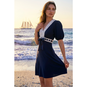 Vestido Corto Azul Marino Vintage Francés para Mujer, Cuello en V, Manga Corta Abullonada, Encaje, Cintura Imperio, Vestido Informal para Té con Lazo - Product Image 6