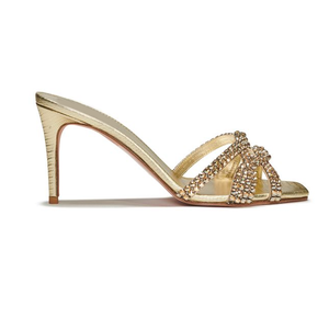 Sandali Donna 2026 in Pelle Platino Glitterati Super Fashion di Lusso Fatti a Mano con Strass e Tacco Medio - Product Image 1