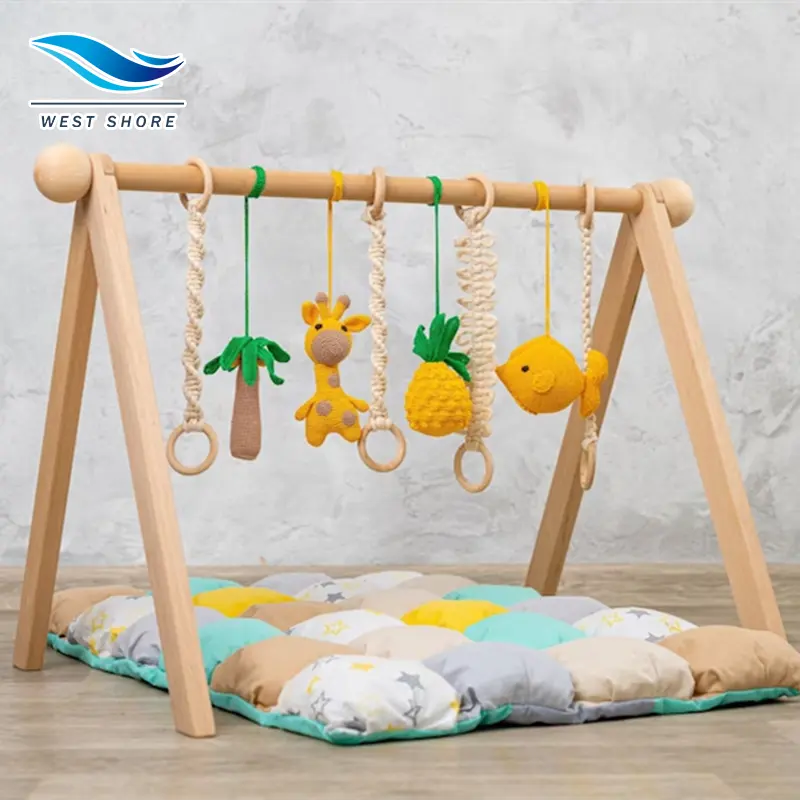 Cadre de gymnastique pliable en bois pour bébé, tapis d'activité, Gym avec 3 jouets de dentition en bois, Montessori Nordic Baby Gym