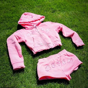 Custom pink Tracksuit for Women Embroidery logo <b>Cropped</b> Sweatsuit Two Piece High Quality Acid Wash <b>Zip</b> <b>up</b> Hoodies and Shorts Set - Product Image 1