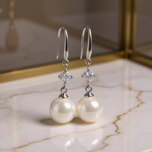 Pendientes de Oro Blanco E1740 con Perla Cultivada Akoya de Forma Redonda, Grado AAA, Plata Clásica, Joyería para Mujer para Bodas - Product Image 2