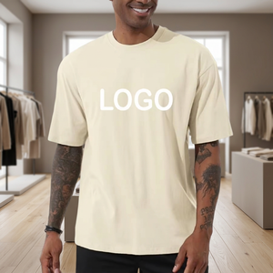 Men's Oversized <b>Cream</b> Cotton <b>T</b>-<b>Shirt</b> With Front Letter Logo Print Casual O-Neck Short Sleeve Jersey Fit - Product Image 2