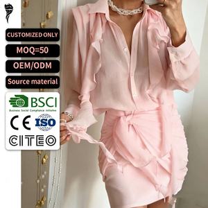 Vestido Camisero de Gasa Rosa para Mujer, Estilo Francés, Plisado, con Cintura Ajustada y Manga Larga, Colección Verano 2026, Venta al por Mayor - Product Image 1