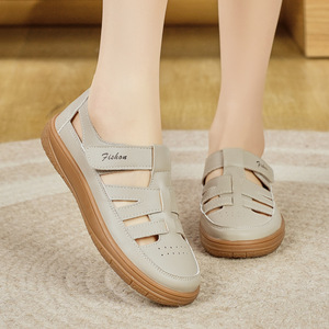 Thick-soled Women's Shoes Breathable Hollow Ladies Roman <strong>Sandals</strong> Cowhide Sole Mom <strong>Closed</strong>-<strong>toe</strong> <strong>Sandals</strong> - Product Image 4