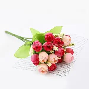 F13 कृत्रिम फूल छोटे गुलाब थोक रेशमी कपड़े फूल और घास घर व्यवस्था फूल