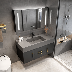 <span class=keywords><strong>Lavabo</strong></span> de piedra de mármol negro de lujo, <span class=keywords><strong>lavabo</strong></span> colgante de pared, Sensor LED, armario de almacenamiento de espejo - Product Image 3