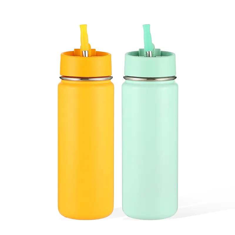 Wholesale Double Wall Insulated Vacuum Thermos Metal Stainless Steel Water Bottles Flip Straw Lid