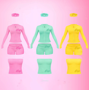 Summer 3 Piece Shorts Set Clothes Women Custom Embroidery Workout Sets Tube Top <strong>Zip</strong> <strong>up</strong> <strong>Jacket</strong> and Shorts Tracksuit for Women - Product Image 1