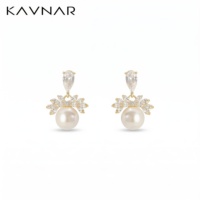 Boucles d'oreilles clous en forme de goutte d'eau avec couronne en CZ et perle pour femme, plaqué or 14K, laiton, CZ marquise, élégantes, luxueuses, sans nickel, personnalisables OEM