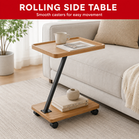 Mesa Auxiliar de Madera en Forma de Z con Ruedas - Bandeja Móvil para Portátil en Forma de C con Pilar Metálico para Sofá Cama, Mesa Auxiliar Pequeña
