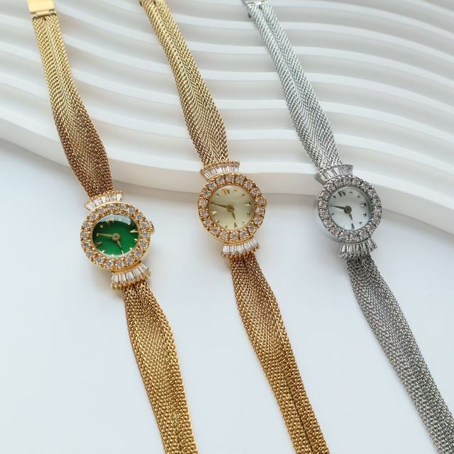 Vintage Style Ladies Watch 3 Colors Diamond Encrusted Bezel Mesh Band Analog Quartz Watch for Women