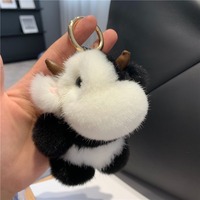 Porte-clés et breloque de sac en fourrure de vison véritable 9 cm, motif vache mignonne, jouet en peluche pour enfants, ornement, cadeau d'anniversaire