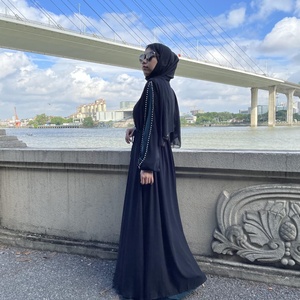 6429# Chiffon Black Open With Pearls With Belt and Dress Two Pieces Vestidos Fashionable Abaya Dress - Product Image 4