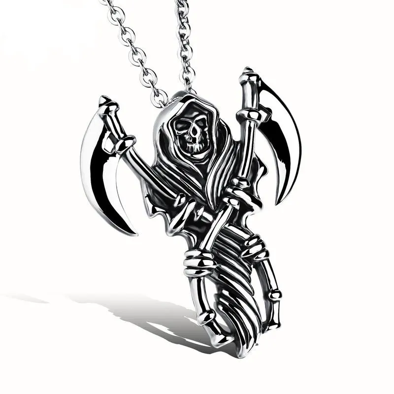Punk Gothic Jewelry Death Reaper Skull Necklace Pendant Stainless Steel Chain Necklace Charm Halloween Rock Male Jewelry