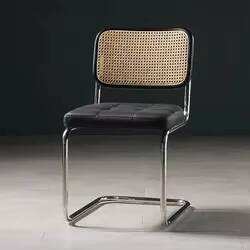 Sillas de Café de Estilo Clásico de Mediados de Siglo, Asiento de Ratán Metálico, Silla de Comedor de Acero Inoxidable con Cojín de Cuero - Product Image 4