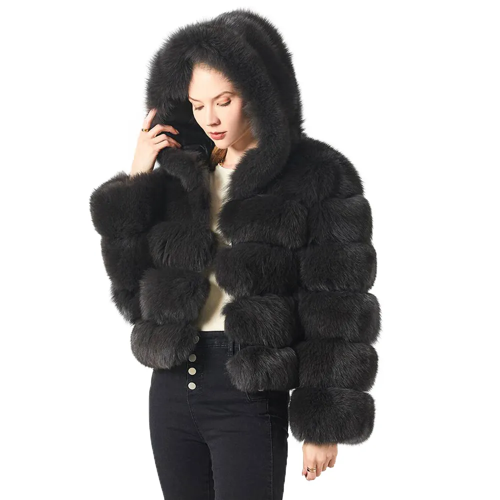 Black 100% Genuine Fox Fur Jacket Fashionable Womens Warm Winter Hooded Fur Coat For Ladies
