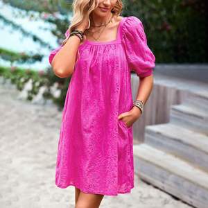 Superventas, vestido de cuello cuadrado de Color sólido real y transfronterizo, falda Jacquard hueca elegante de verano 2023 para mujer - Product Image 4