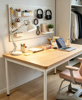Bureau d'étude moderne blanc pour la maison, avec pieds en métal et surface en bois, gain de place, multifonctionnel, pour l'écriture et l'ordinateur, idéal pour la chambre.