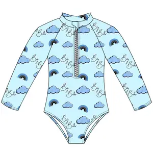 Wholesale Kids Summer Swimwear Custom Printing Long Sleeve Zipper Design Bodysuit Little Girl Beachwear Bikini